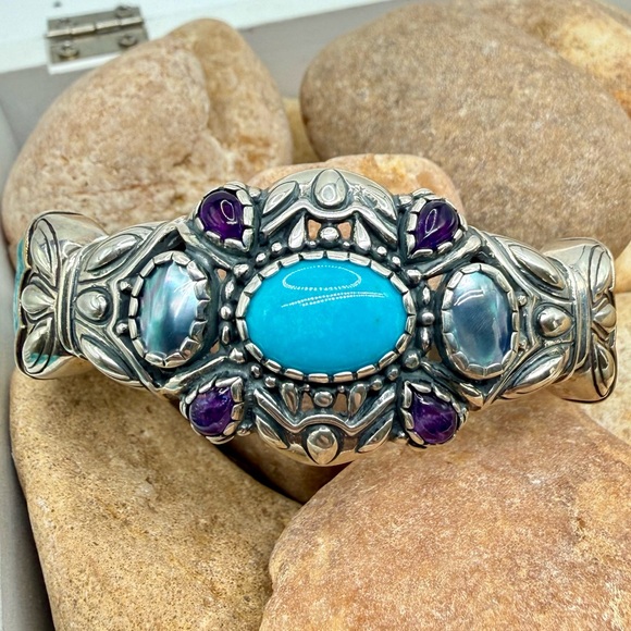 Carolyn Pollack Relios Turquoise Multi Stone Sterling Leather Cuff NWT 6 3/4” - Picture 15 of 17